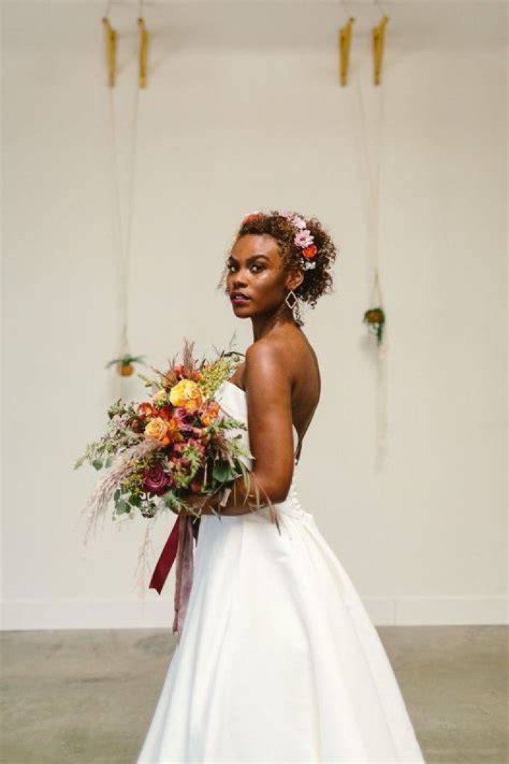 black bride wedding flowers flowercrown white dress vintage laughing